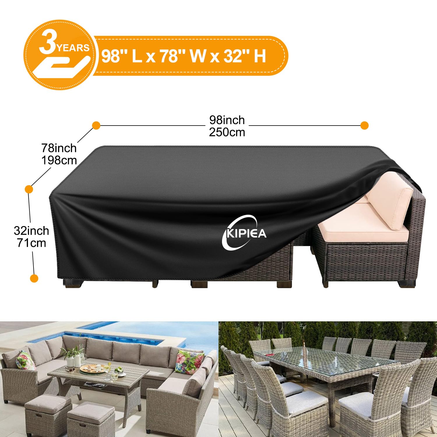 Kipiea Patio Furniture Covers Waterproof Winter, Heavy-Duty 420D Outdoor Patio Furniture Set Covers, No Tears Anti UV No Fading (98" L x 78" W x 32" H)