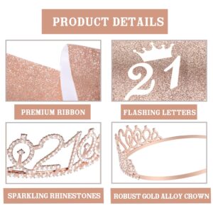 21st Birthday Decorations For Her ZJDZTK,Including Rose Gold 21st Birthday Sash,Crown,Cake Topper,Digital Candles,Balloons Set,Accompanying Birthday Card And Beautiful Gift Box