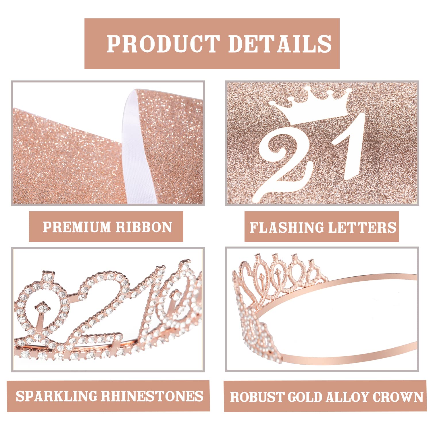 21st Birthday Decorations For Her ZJDZTK,Including Rose Gold 21st Birthday Sash,Crown,Cake Topper,Digital Candles,Balloons Set,Accompanying Birthday Card And Beautiful Gift Box