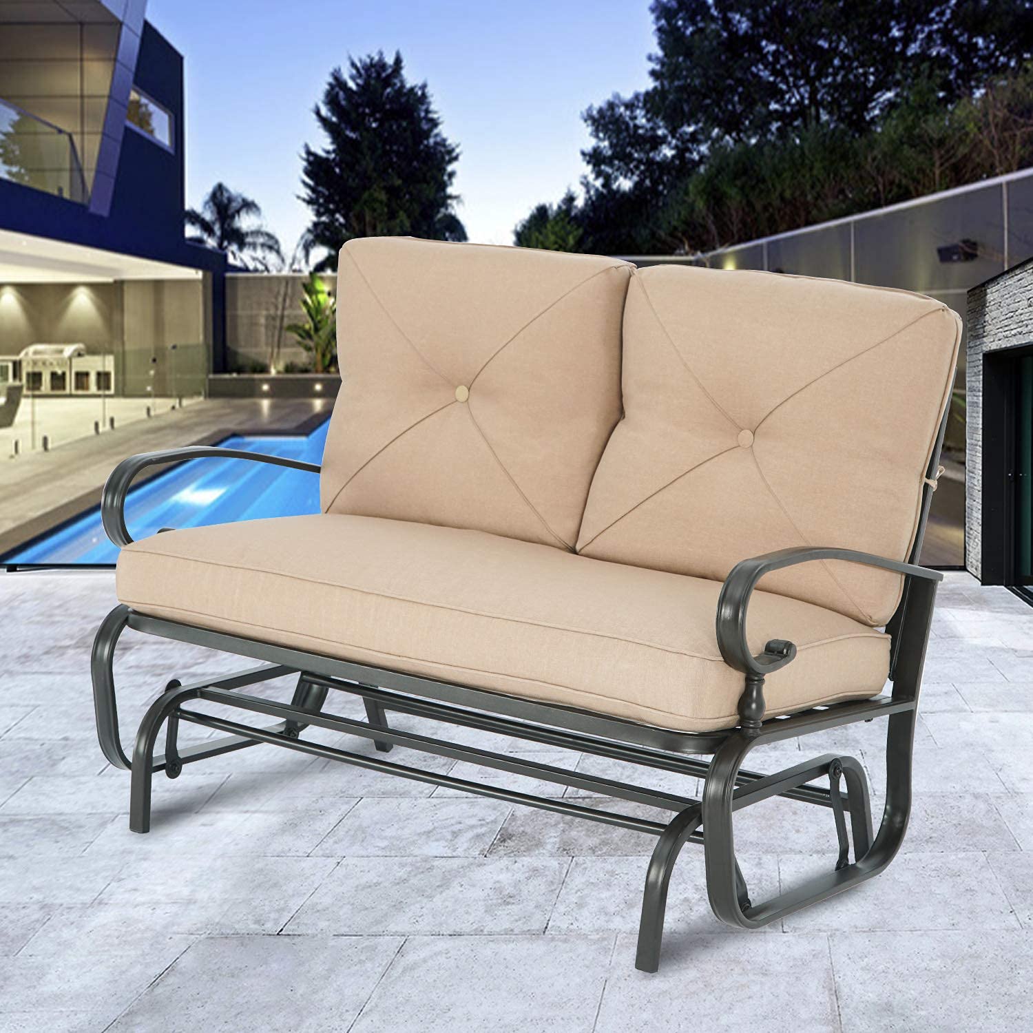 SUNCROWN Outdoor Swing Glider Chair, Patio 2 Seats Loveseat Rocking Chair with Cushions, Steel Frame Furniture - Brown