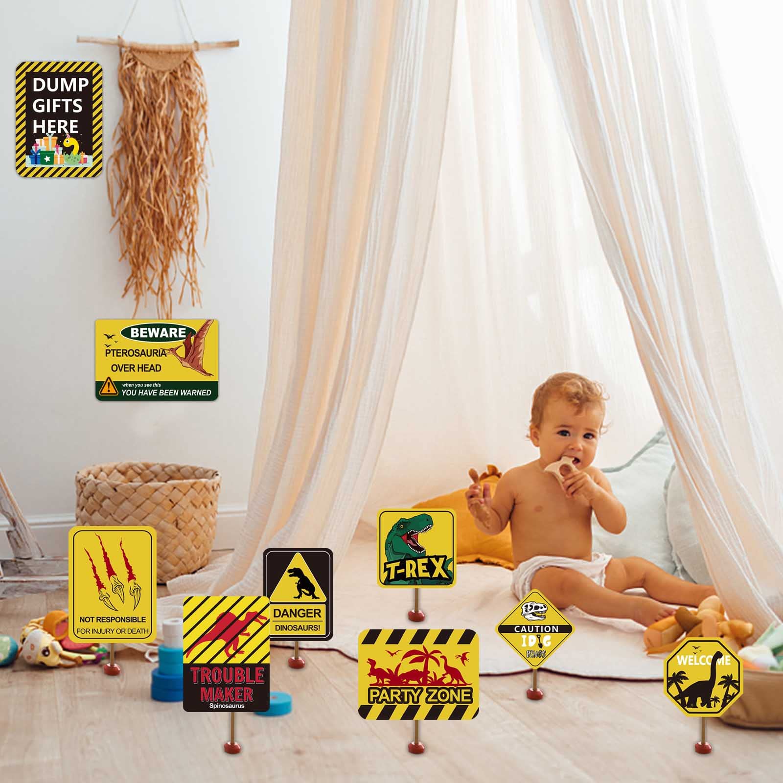 13 pcs Dinosaur Birthday Party Supplies, Dinosaur Party Decorations for Boys Kid Birthday Party Baby Shower，11.8 inch Dinosaur Theme Party Wall Decor Signs with Yellow Caution Tape