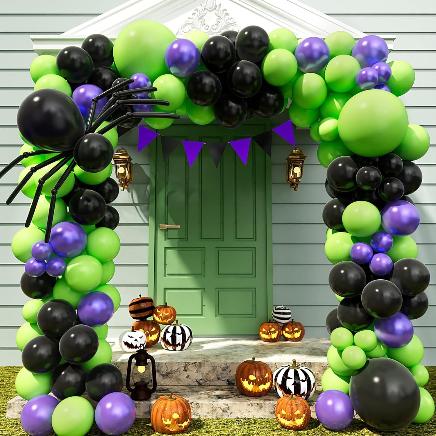 Halloween Balloon Garland Arch kit with Black Green Metallic Purple Balloons Spider Balloons, Long Balloons for Halloween Party Classroom Background Decoration