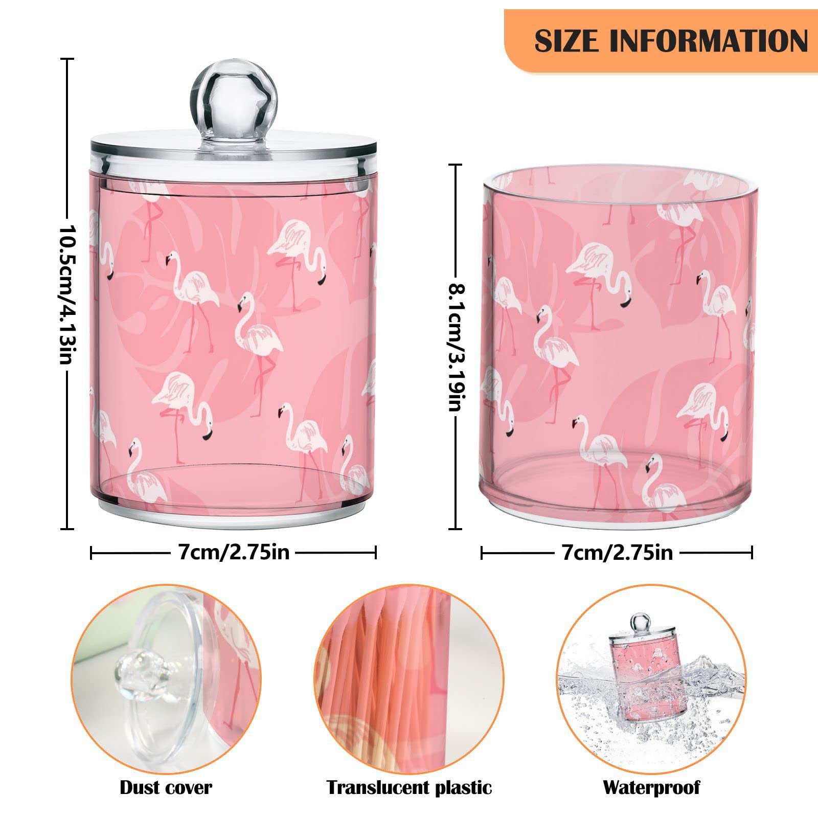 Kigai 2PCS Pink Flamingos Qtip Holder Dispenser with Lids - 14 oz Bathroom Storage Organizer Set, Clear Apothecary Jars Food Storage Containers, for Tea, Coffee, Cotton Ball, Floss