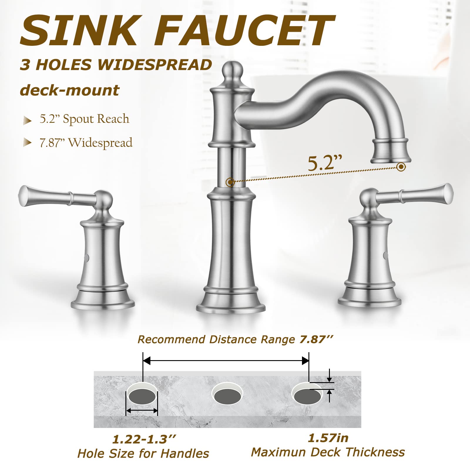 WINKEAR Roman Bathroom Sink Faucet 3 Holes Brushed Nickel 2 Handle Widespread 8 inch Deck Mount Installation with Overflow Pop Up Drain Assembly and Water Supply Lines