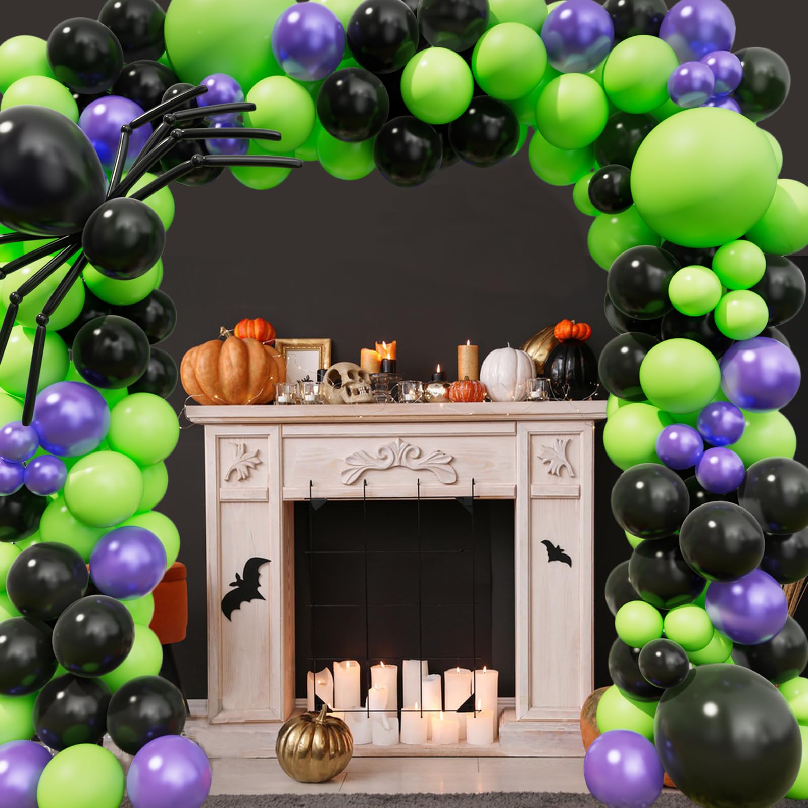 Halloween Balloon Garland Arch kit with Black Green Metallic Purple Balloons Spider Balloons, Long Balloons for Halloween Party Classroom Background Decoration