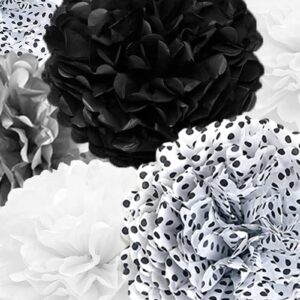 Tissue Paper Pompoms Paper Flower 22 Pcs Black,Silver, Polka Dot, White Paper Flower Ball for Birthday Bachelorette Wedding Baby Shower Bridal Shower Party Decoration