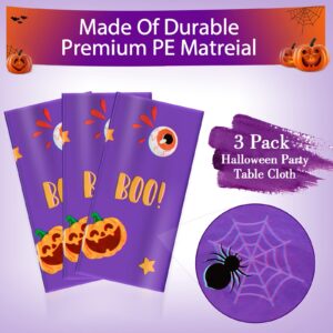 3 Pack Halloween Tablecloth - Eyeball and Pumpkin Plastic Table Cover, Halloween Rectangle Waterproof Disposable Table Covers for Halloween Decorations and Party Supplies, Purple, 54x108 Inch