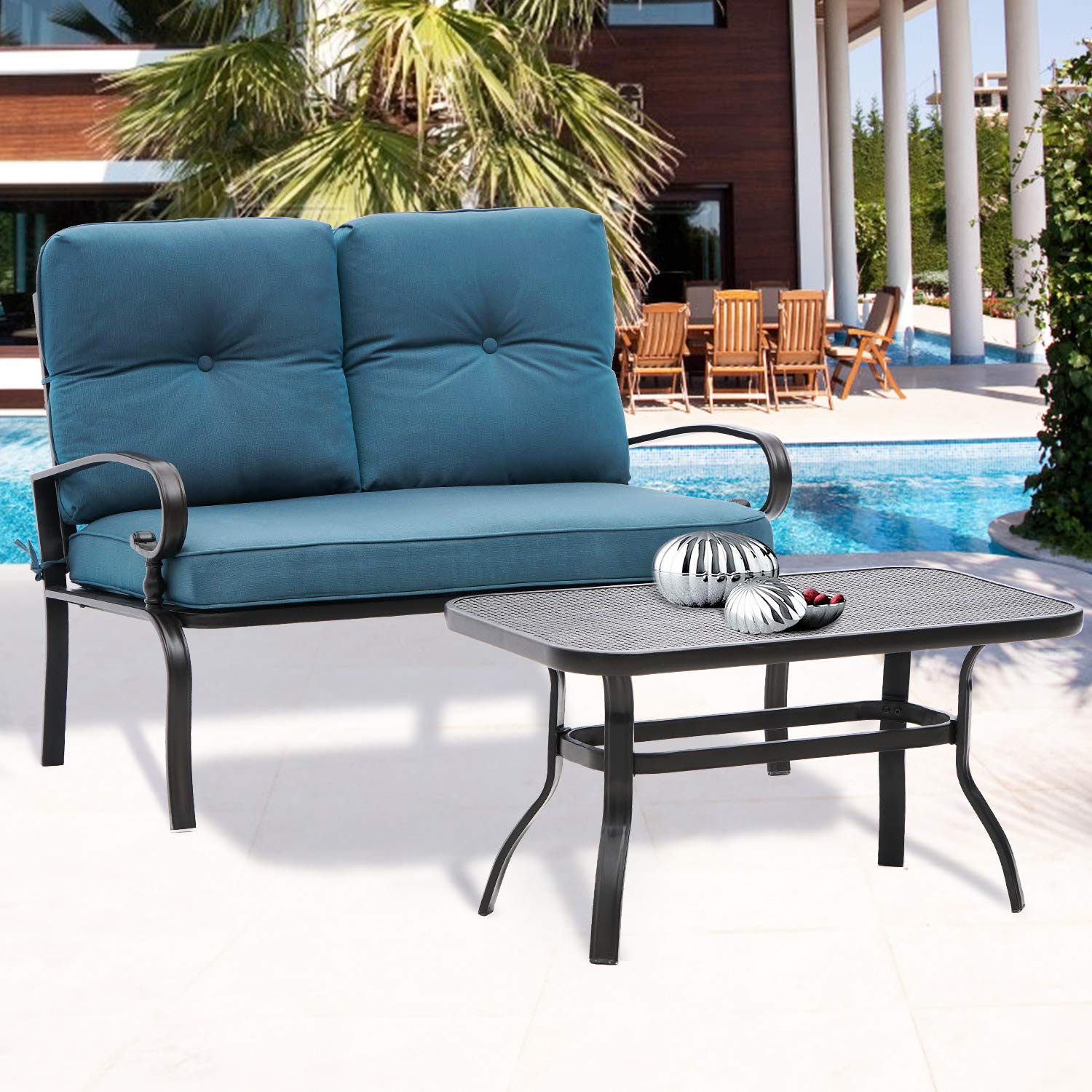 SUNCROWN 2-Piece Patio Loveseat Furniture Set Outdoor Steel Frame Bench with Thick Cushions and Coffee Table - Peacock Blue