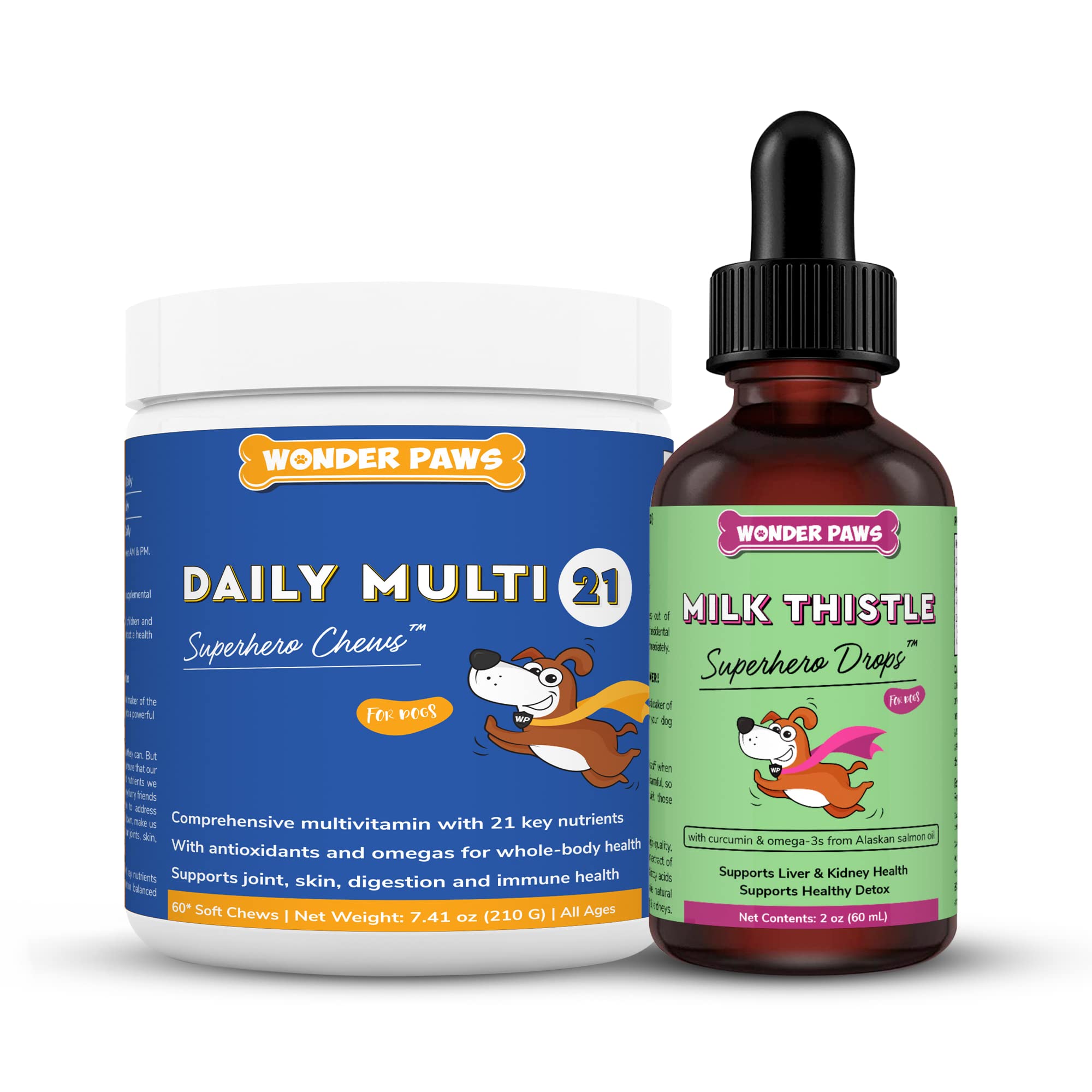 WONDER PAWS Daily Multivitamin Chews Plus Milk Thistle Drops - for Dog Immune Support, Heart Health, Liver, Detox & Overall Wellness - Multivitamin 60 Chews - Milk Thistle 2 Ounces