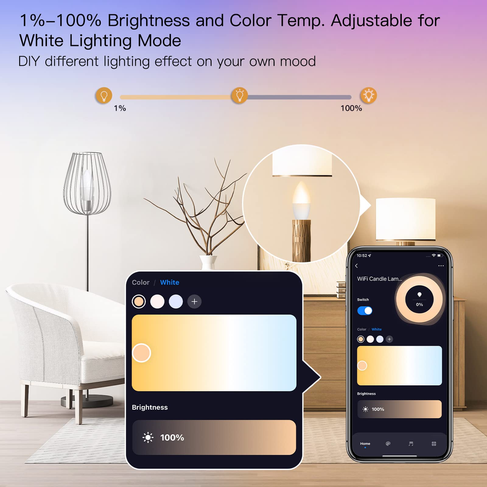 MoesGo Smart Candelabra Led Light Bulbs, WiFi E12 Smart Bulbs, 2700K-6500K CW& RGB Dimmable, Smart Life/Tuya APP Remote Control, Work with Alexa/Google Home, 470lm 5W (40W Equivalent) 4 Pack No Hub