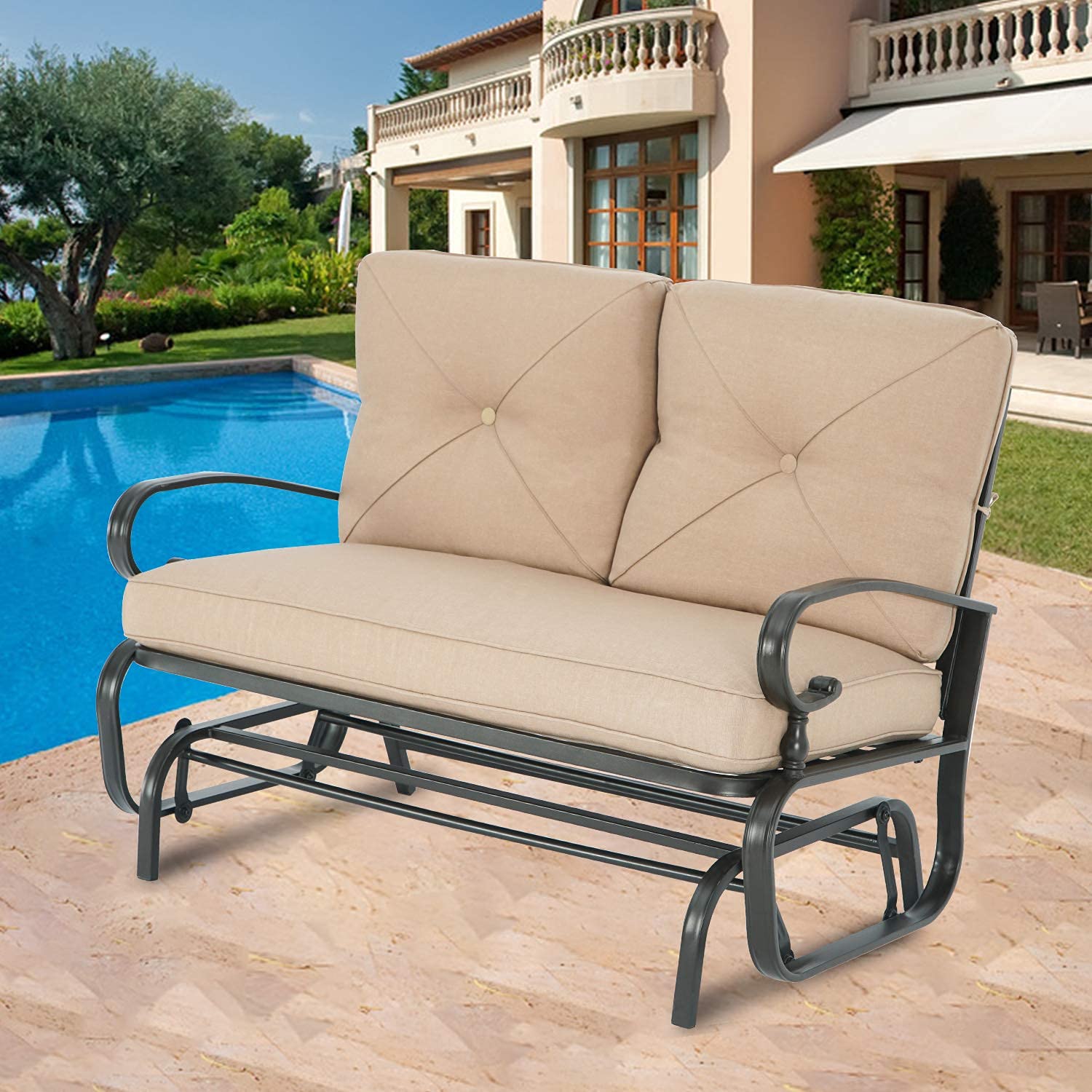 SUNCROWN Outdoor Swing Glider Chair, Patio 2 Seats Loveseat Rocking Chair with Cushions, Steel Frame Furniture - Brown