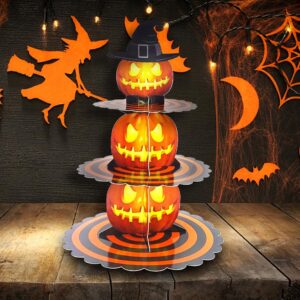 3-Tier Halloween Cupcake Stand for Dessert Table, Halloween Pumpkin Cupcake Tower Halloween Tray Orange Cardboard Cake Dessert Stand for 24 Cupcakes Halloween Party Carnival Decorations