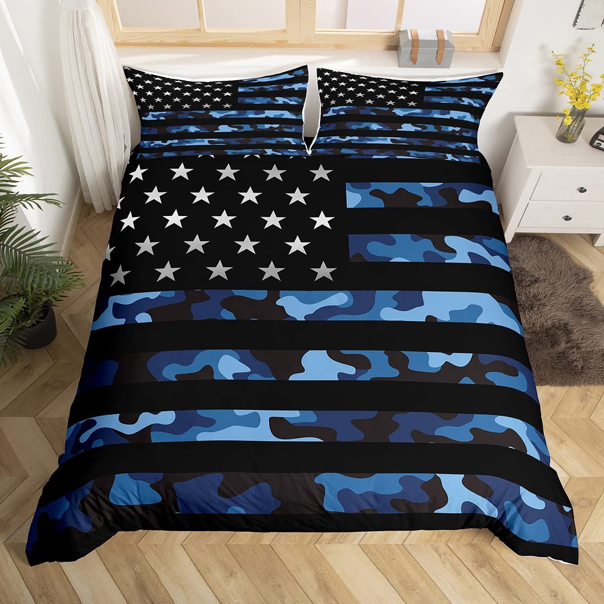 Blue Camo American Flag Full Size Duvet Cover Set,Camouflage Stars Stripes USA Flag Duvet Cover for Girls Teens Decorative Bedroom,Navy Blue Black Polyester Quilt Cover with 2 Pillowcases