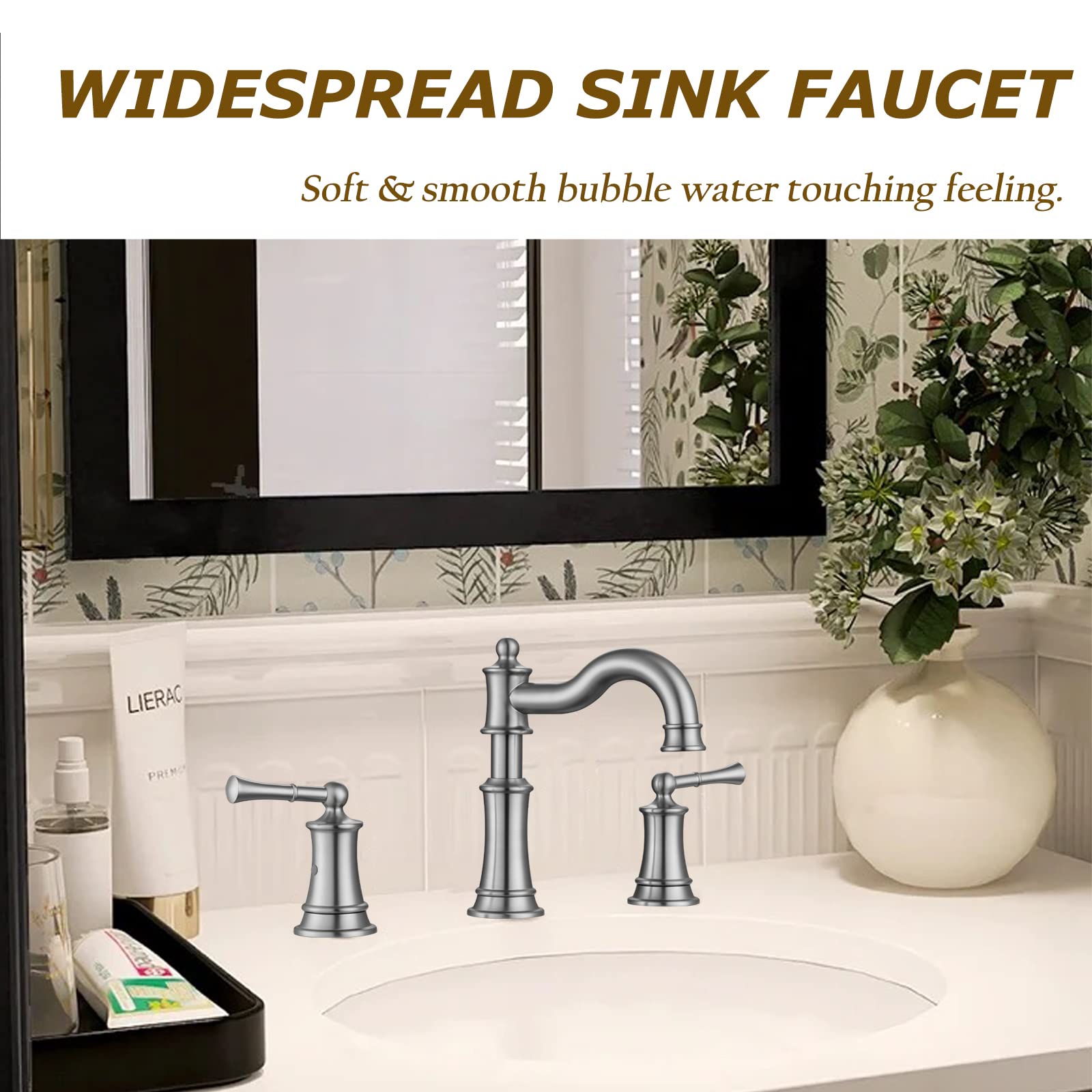 WINKEAR Roman Bathroom Sink Faucet 3 Holes Brushed Nickel 2 Handle Widespread 8 inch Deck Mount Installation with Overflow Pop Up Drain Assembly and Water Supply Lines