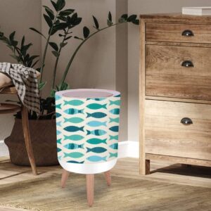 Round Trash Can with Lid Coastal fish seamless blue teal green fish a light sand Modern Press Top Recycle Bin Small Garbage Can Dog Proof Wastebasket Wooden Legs Bathroom Kitchen 7L/1.8 Gallon