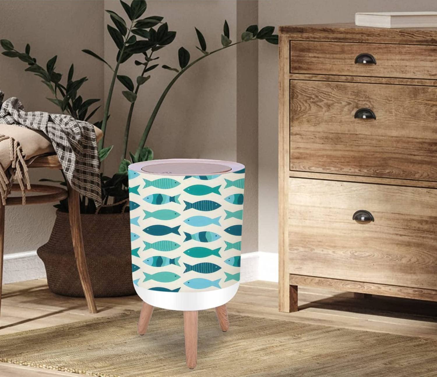 Round Trash Can with Lid Coastal fish seamless blue teal green fish a light sand Modern Press Top Recycle Bin Small Garbage Can Dog Proof Wastebasket Wooden Legs Bathroom Kitchen 7L/1.8 Gallon