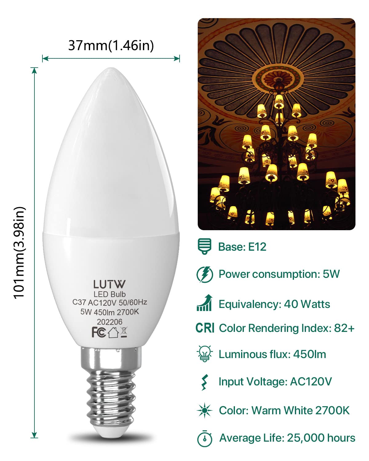 LUTW E12 Candelabra LED Light Bulbs 40 Watts Equivalent, 450 Lumen Type B LED Chandelier Light Bulbs, Warm White 2700K Non-Dimmable B11 Ceiling Fan Bulb, 6 Pack