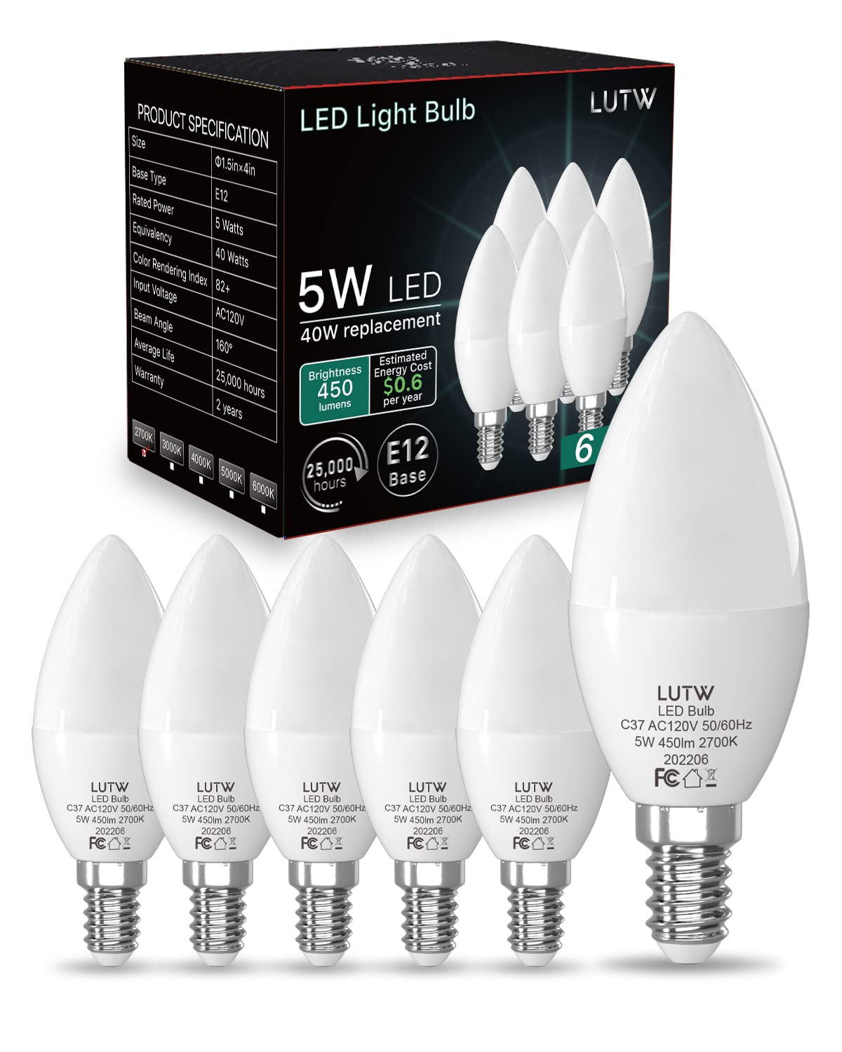 LUTW E12 Candelabra LED Light Bulbs 40 Watts Equivalent, 450 Lumen Type B LED Chandelier Light Bulbs, Warm White 2700K Non-Dimmable B11 Ceiling Fan Bulb, 6 Pack