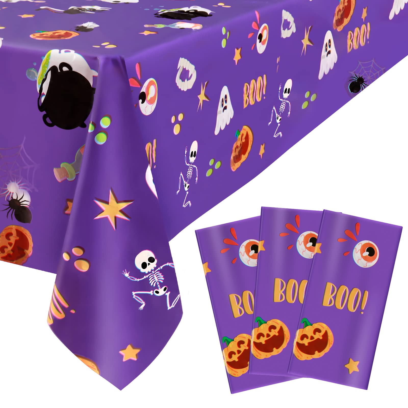 3 Pack Halloween Tablecloth - Eyeball and Pumpkin Plastic Table Cover, Halloween Rectangle Waterproof Disposable Table Covers for Halloween Decorations and Party Supplies, Purple, 54x108 Inch