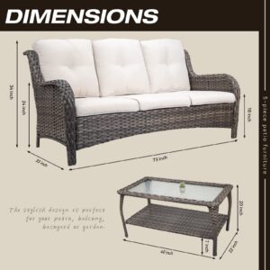 Joyside Patio Furniture Set 2-Piece Wicker Outdoor Furniture Conversational Sets with 3-Seat Sofa, Patio Rattan Coffee Table Patio Rattan Wicker Sectional Sofa Set with Cushions(Mixed Grey/Beige)