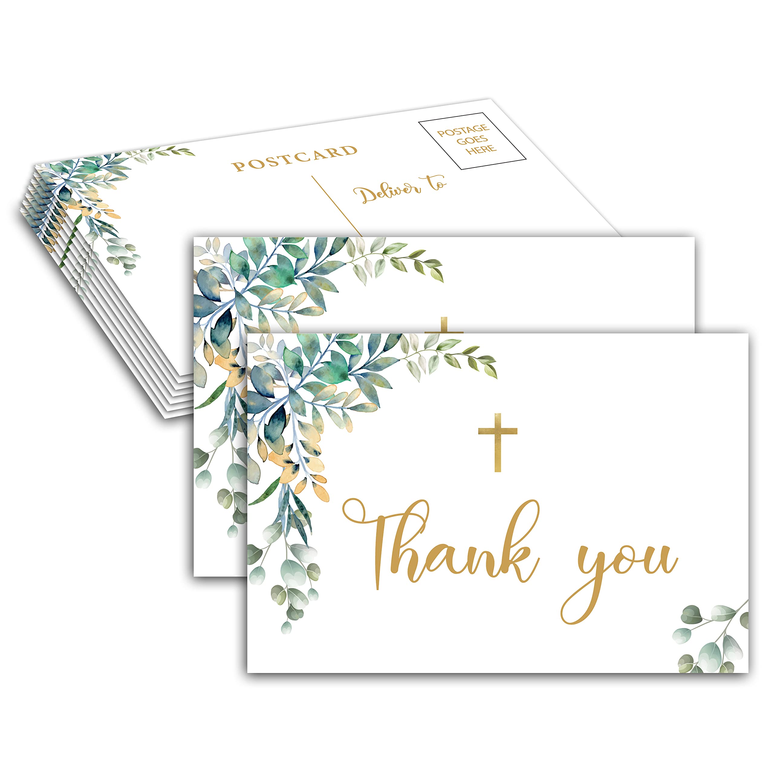 Eyouyeqi Baptism Thank You Post Cards, Greenery Baby Shower Thank You Card, Gold Foil 1st Communion Religious Christening Ceremony Celebration, Gender Reveal Party Decorations - A03(25 Pack)