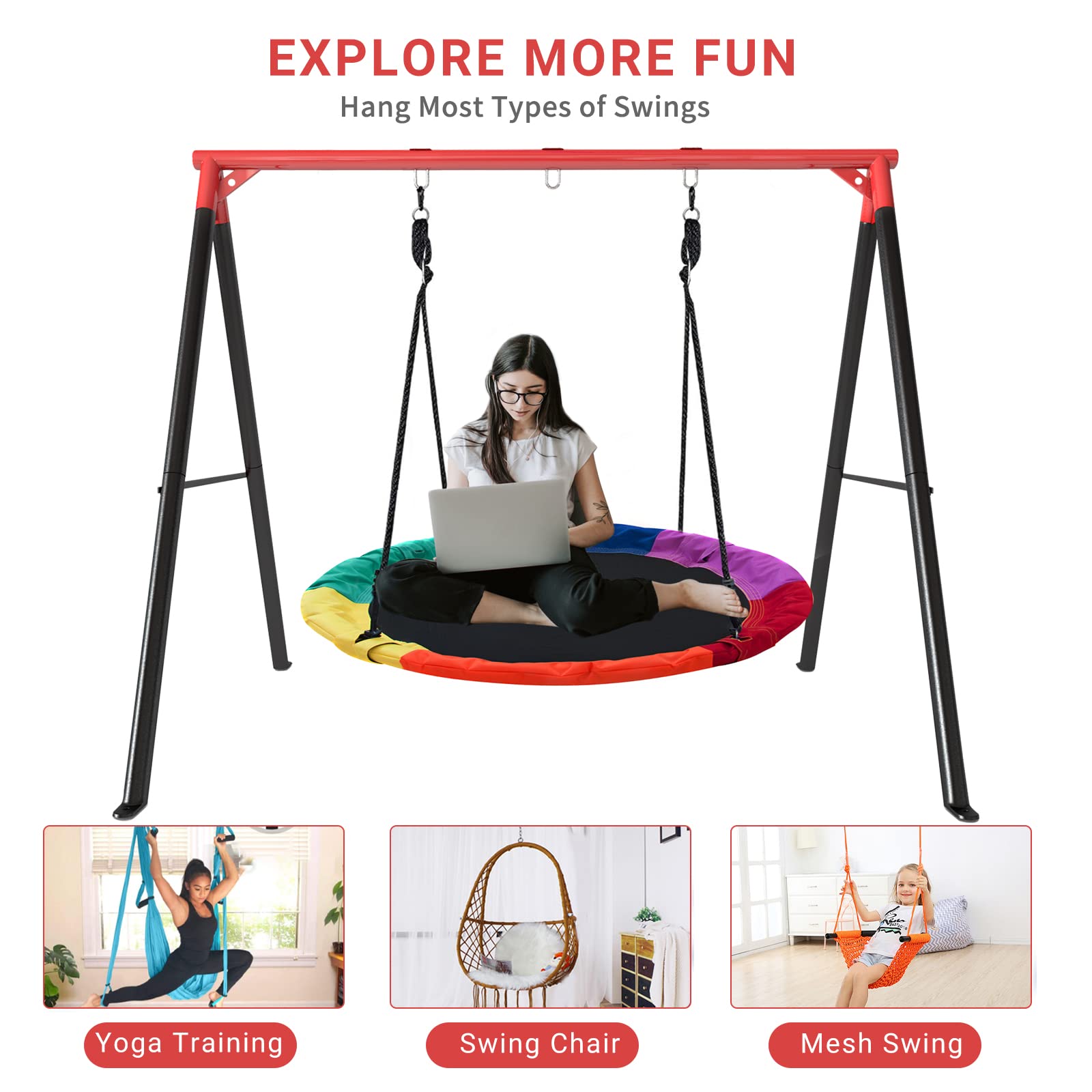 IKARE Upgraded Heavy Duty Metal Swing Frame with Ground Nails, Swing Stand for 440lbs Load Capacity, Fits for Most Swings, Great for Indoor and Outdoor Activities (Red & Black)