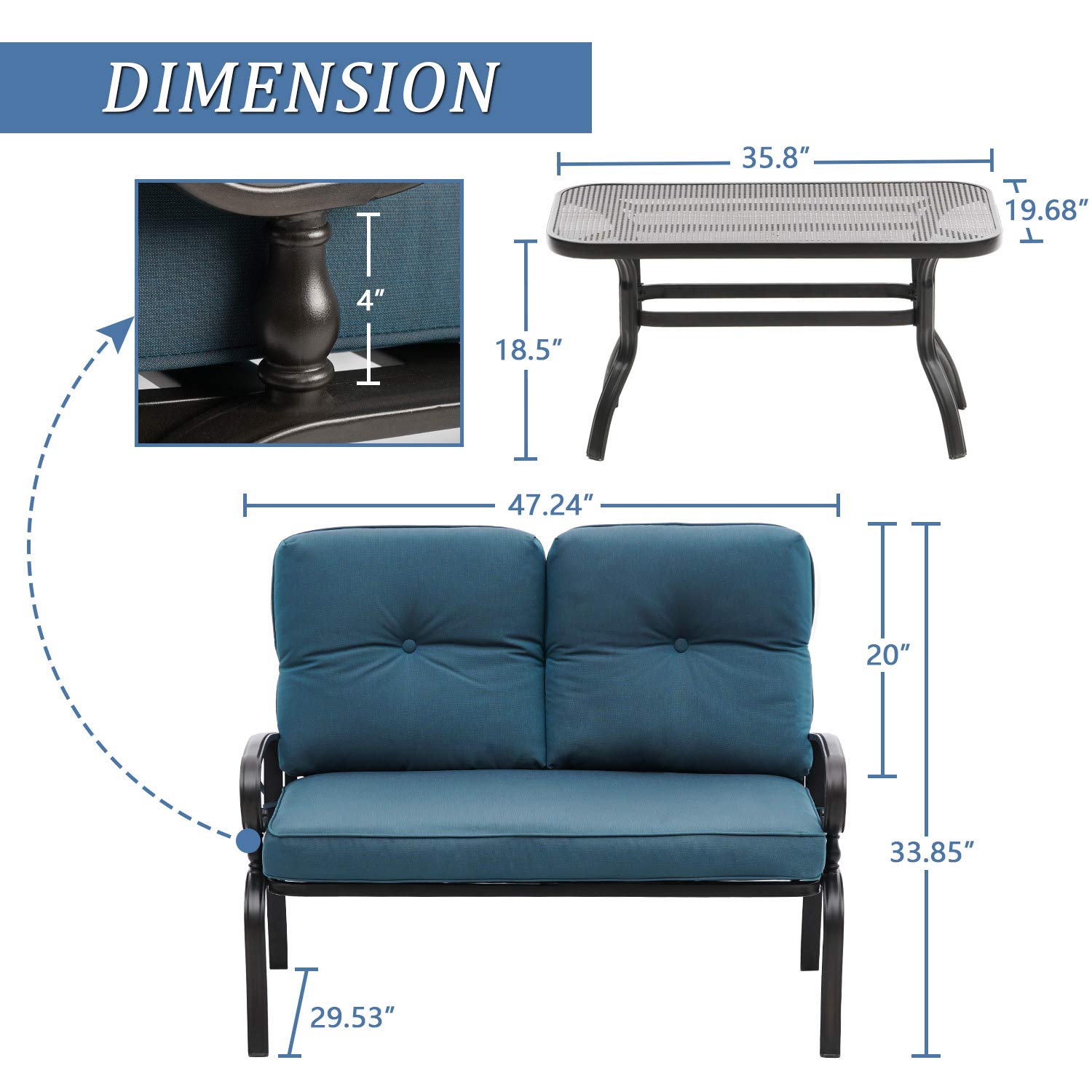 SUNCROWN 2-Piece Patio Loveseat Furniture Set Outdoor Steel Frame Bench with Thick Cushions and Coffee Table - Peacock Blue