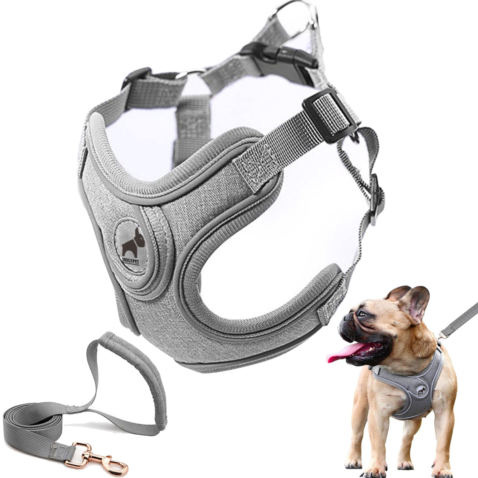 SAEGYPET Dog Harness with Leash Set, No Pull Reflective Strips Adjustable Step in Dog Collars Harness with Breathable Padded Vest Harness for Small Large Dogs Training and Running (S, Gray)