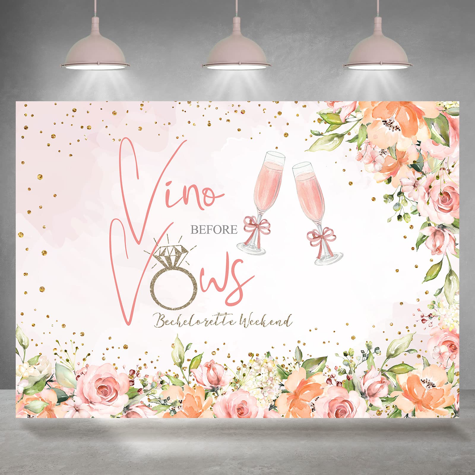 Rsuuinu Vino Before Vows Bachelorette Weekend Backdrop for Parties Glitter Dots Flowers Ring Champagne Bride to Be Photography Background Bach Party Wedding Decorations Banner Photo Booth Props 7x5ft