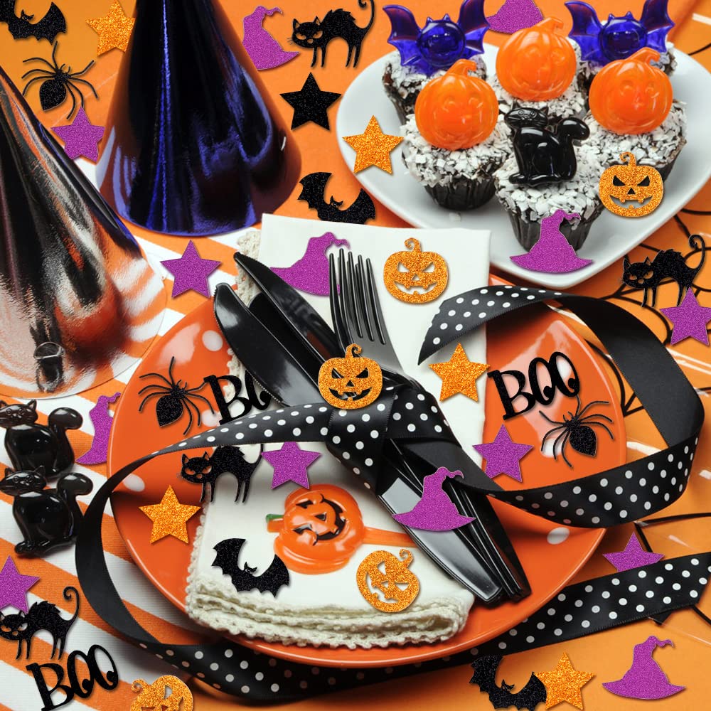 YUJUN 195PCS Halloween Confetti, Halloween Bat Witch Star Spider Black Cat Pumpkin Table Scatter Glitter Confetti for Halloween Party Favors Table Decoration(Purple Black Orange)