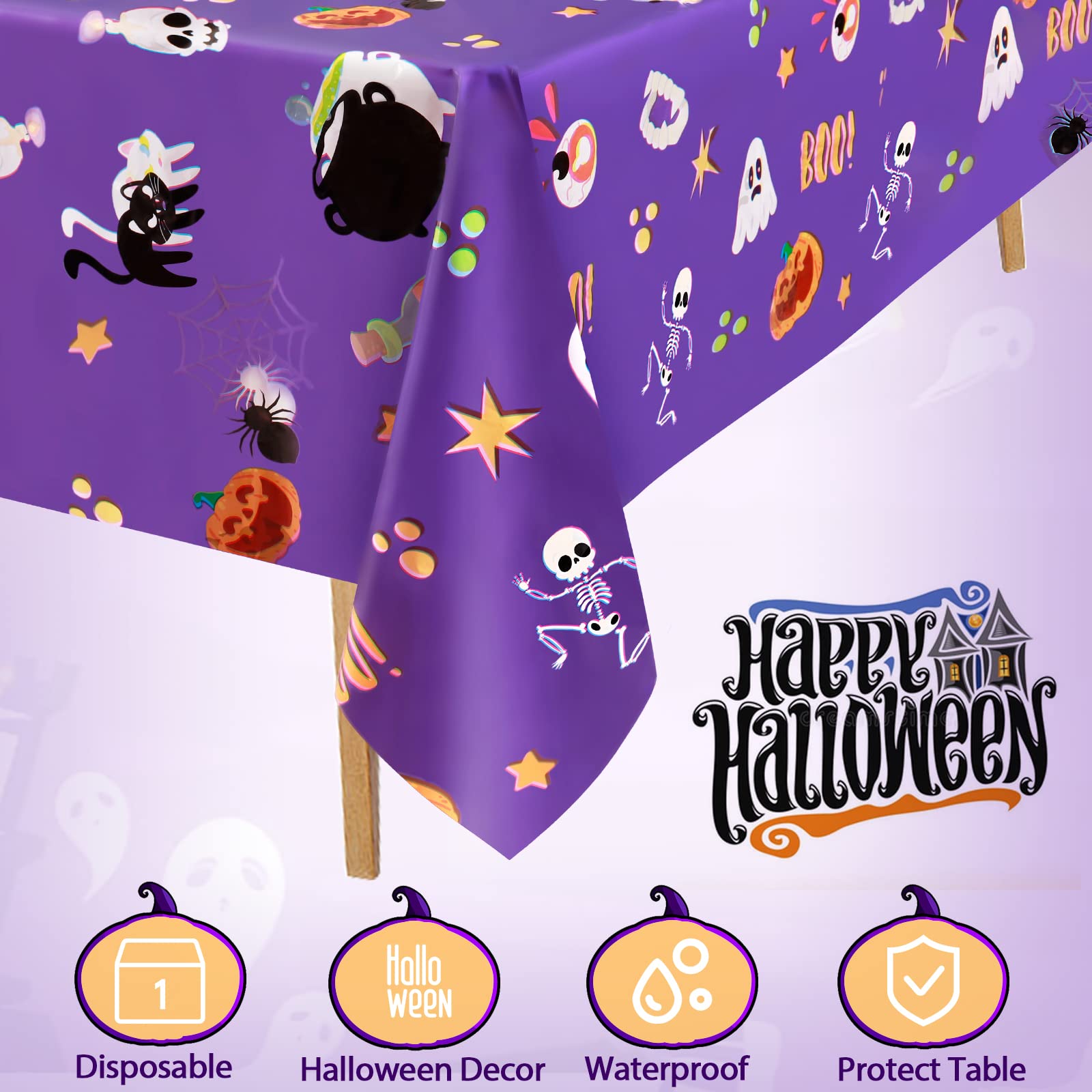 3 Pack Halloween Tablecloth - Eyeball and Pumpkin Plastic Table Cover, Halloween Rectangle Waterproof Disposable Table Covers for Halloween Decorations and Party Supplies, Purple, 54x108 Inch