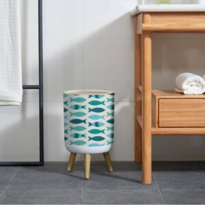 Round Trash Can with Lid Coastal fish seamless blue teal green fish a light sand Modern Press Top Recycle Bin Small Garbage Can Dog Proof Wastebasket Wooden Legs Bathroom Kitchen 7L/1.8 Gallon