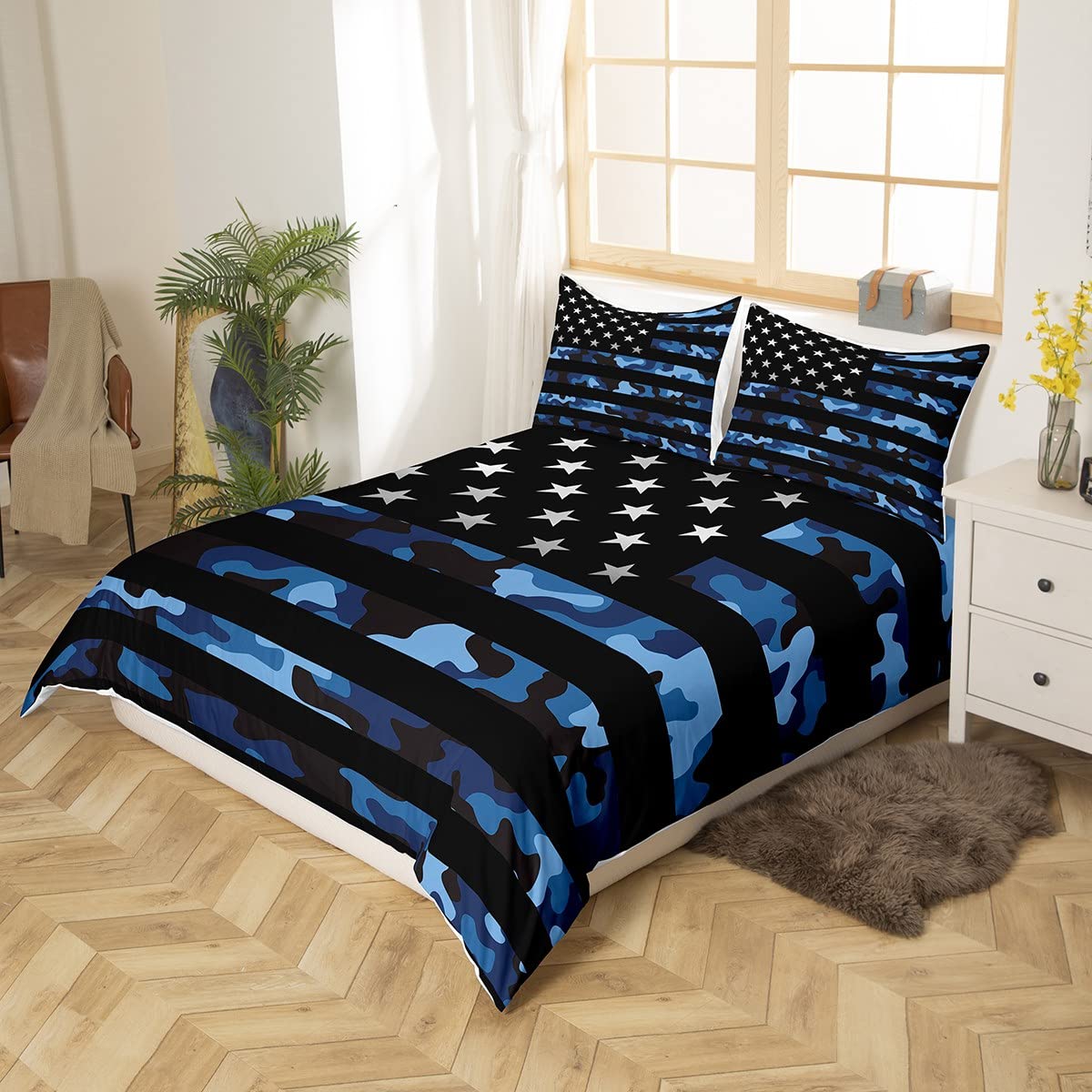 Blue Camo American Flag Full Size Duvet Cover Set,Camouflage Stars Stripes USA Flag Duvet Cover for Girls Teens Decorative Bedroom,Navy Blue Black Polyester Quilt Cover with 2 Pillowcases