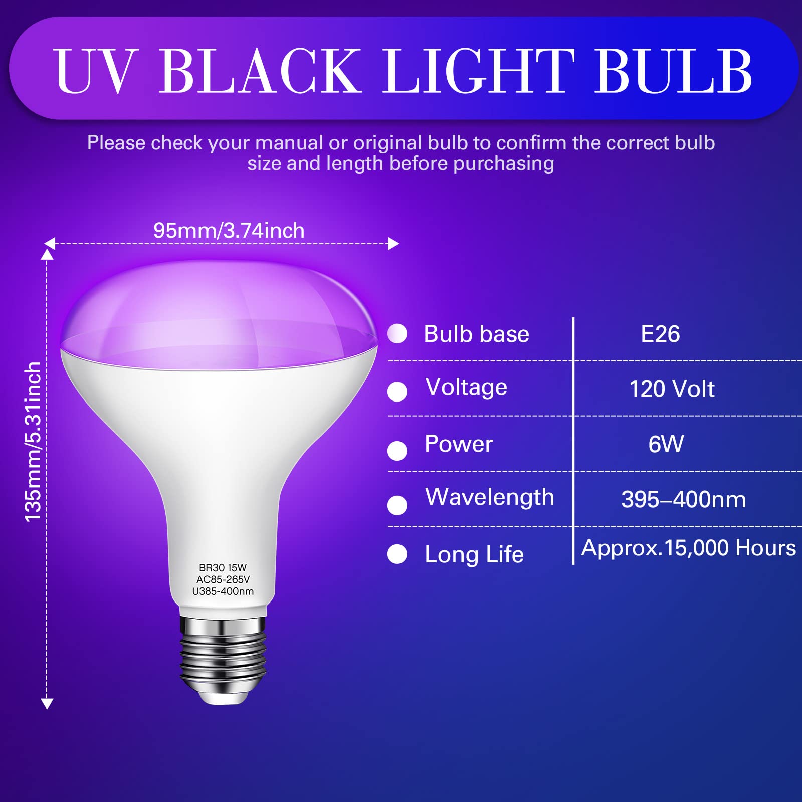 Qualirey 6 Pack Black Light Bulbs BR30 15W LED UV Blacklight Bulbs UVA Level 385-400nm E26 120W Equiv Black Light Flood Light for Glow in the Dark Halloween Party Body Paint Fluorescent Poster