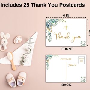 Eyouyeqi Baptism Thank You Post Cards, Greenery Baby Shower Thank You Card, Gold Foil 1st Communion Religious Christening Ceremony Celebration, Gender Reveal Party Decorations - A03(25 Pack)