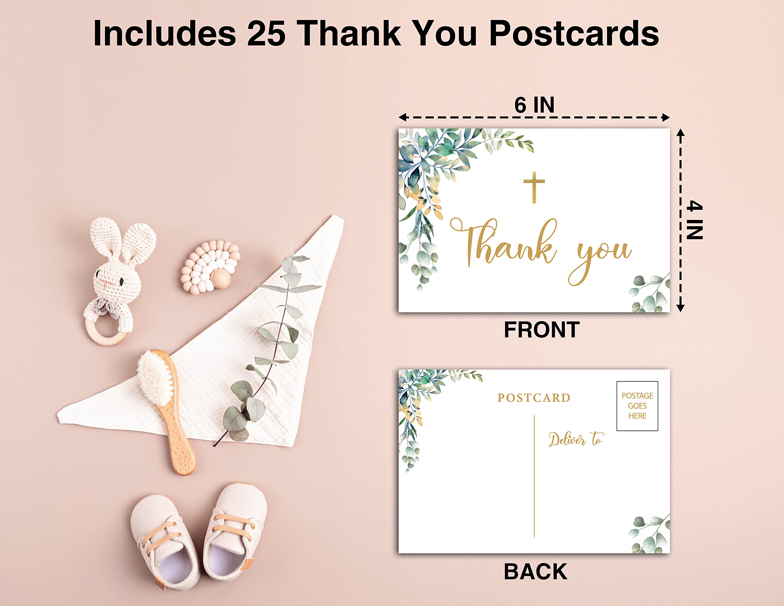 Eyouyeqi Baptism Thank You Post Cards, Greenery Baby Shower Thank You Card, Gold Foil 1st Communion Religious Christening Ceremony Celebration, Gender Reveal Party Decorations - A03(25 Pack)