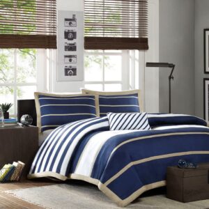 cinchfit american made v berth navy & khaki stripe 4 piece boat duvet cover set - duvet cover, 2 shams, 1 accent pillow (universal xl v berth)