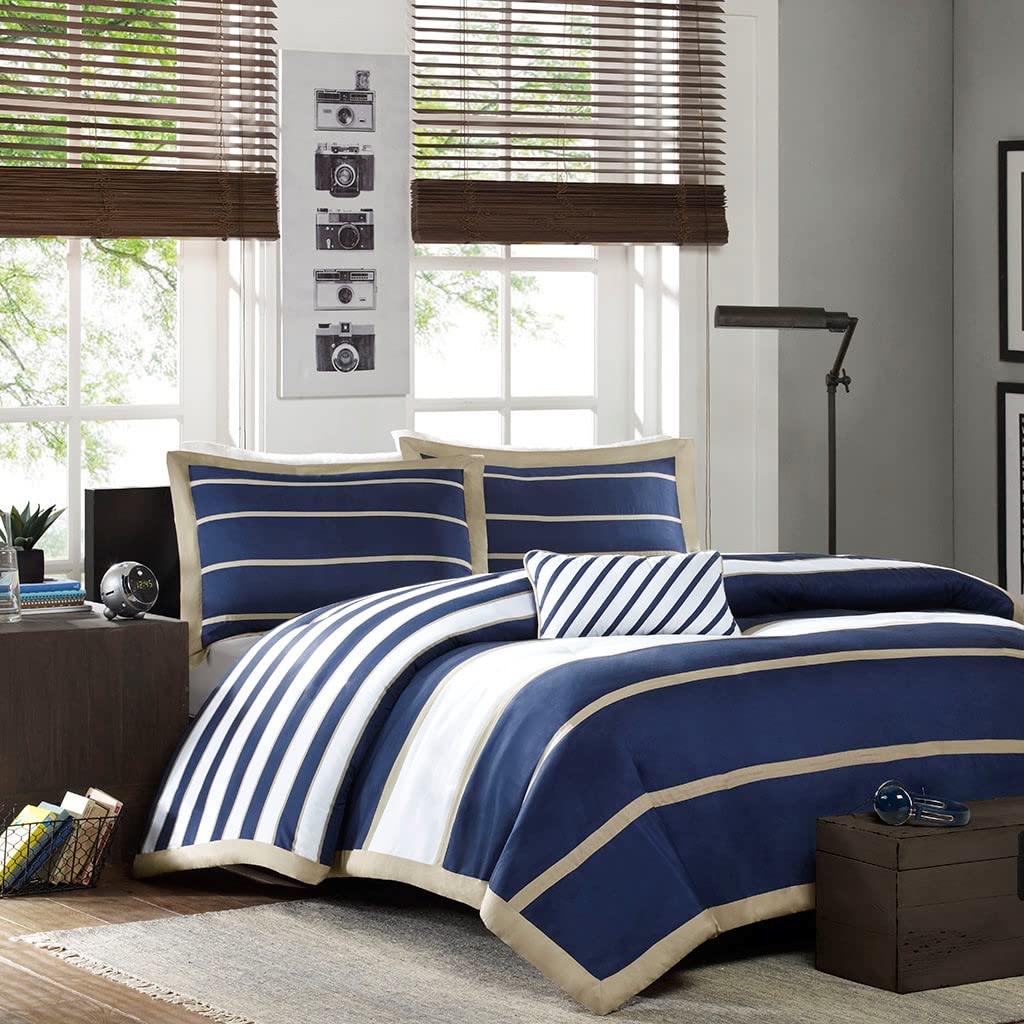 CinchFit American Made V Berth Navy & Khaki Stripe 4 Piece Boat Duvet Cover Set - Duvet Cover, 2 Shams, 1 Accent Pillow (Universal XL V Berth)