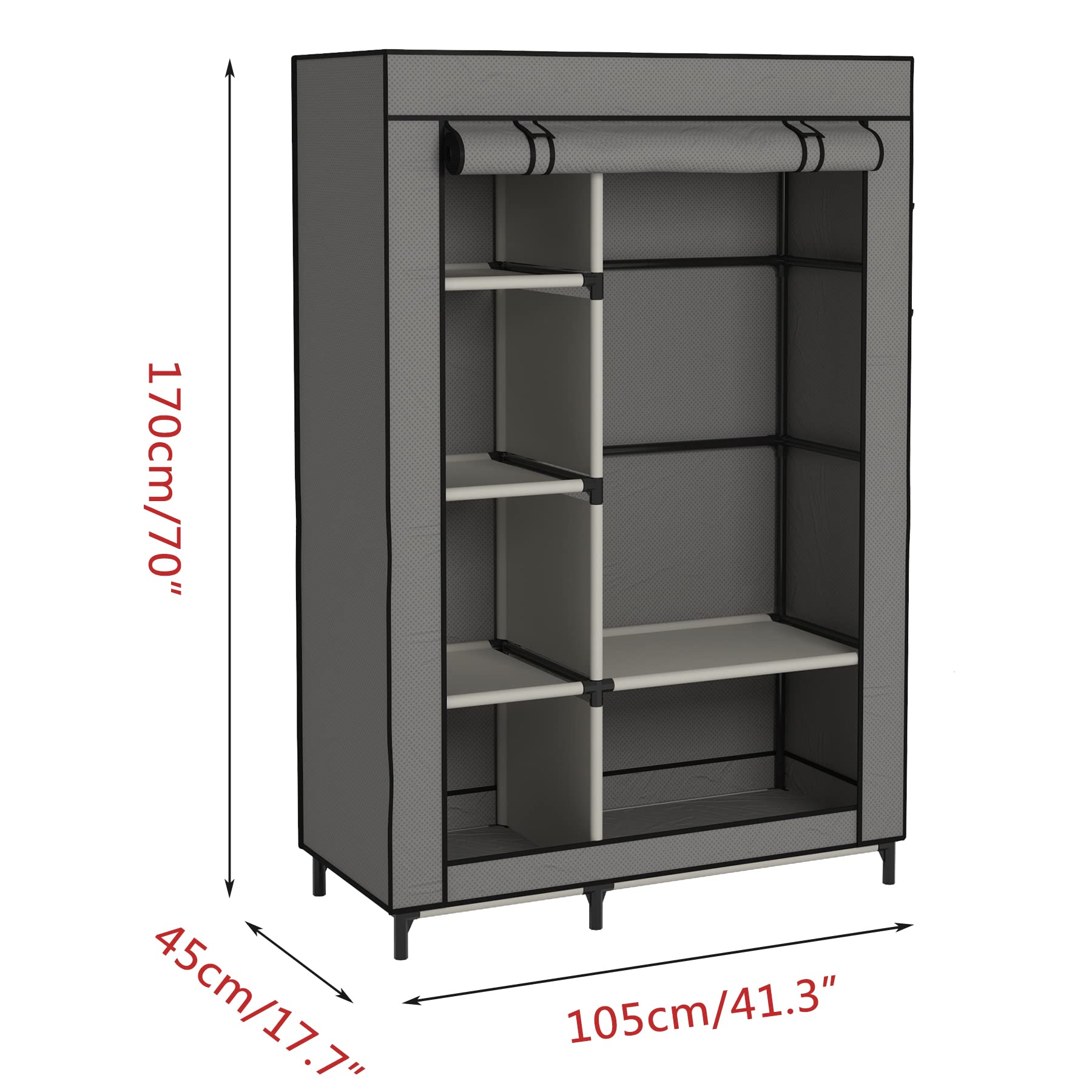 Buzowruil Canvas Wardrobe Portable Closet Wardrobe Clothes Storage with 6 Shelves and Hanging Rail,Non-Woven Fabric, Quick and Easy Assembly,Grey