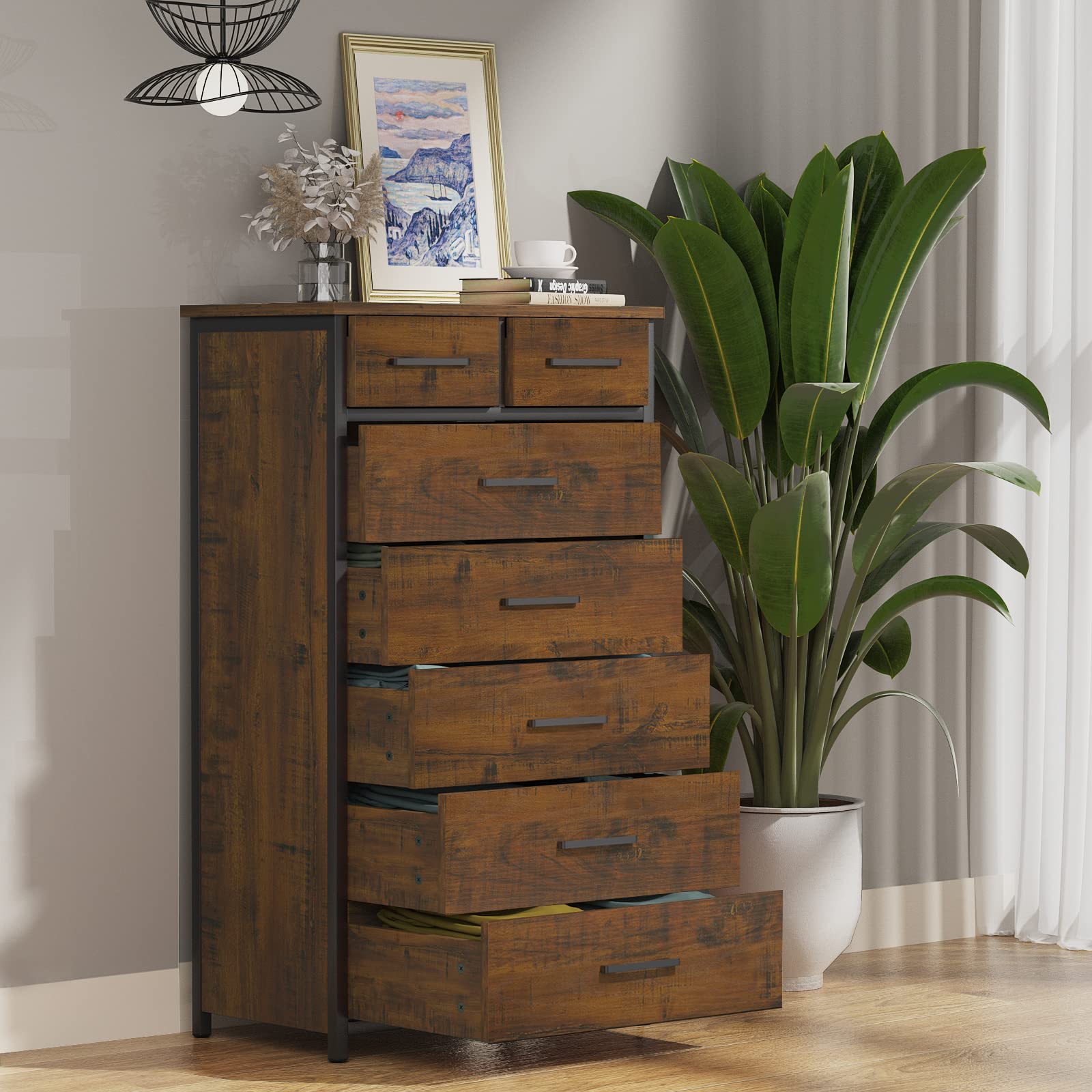 IKENO 7 Drawer Tall Dresser with Sturdy Metal Frame, Industrial Drawer Chest for Bedroom, Clothes Storage Cabinet