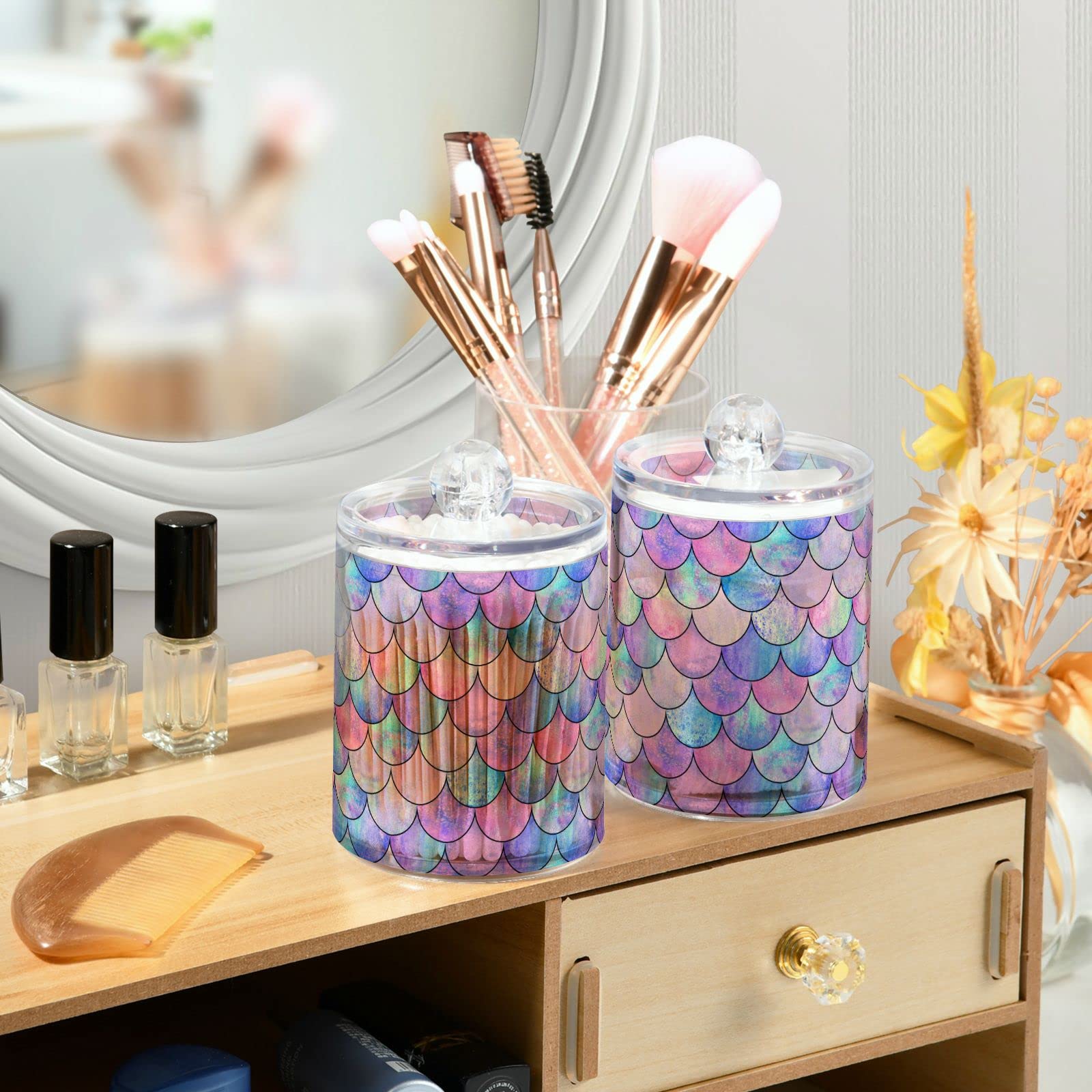 MNSRUU 2 Pack Qtip Holder Organizer Dispenser Colorful Mermaid Scales Bathroom Storage Canister Cotton Ball Holder Bathroom Containers for Cotton Swabs/Pads/Floss