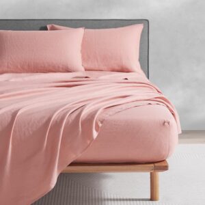 DAPU Pure Linen Sheets Set, 100% French Linen from Normandy, Breathable and Durable for Hot Sleepers, 4 Pcs Set - 1 Flat Sheet, 1 Fitted Sheet, 2 Pillowcases (Pink Clay, King)