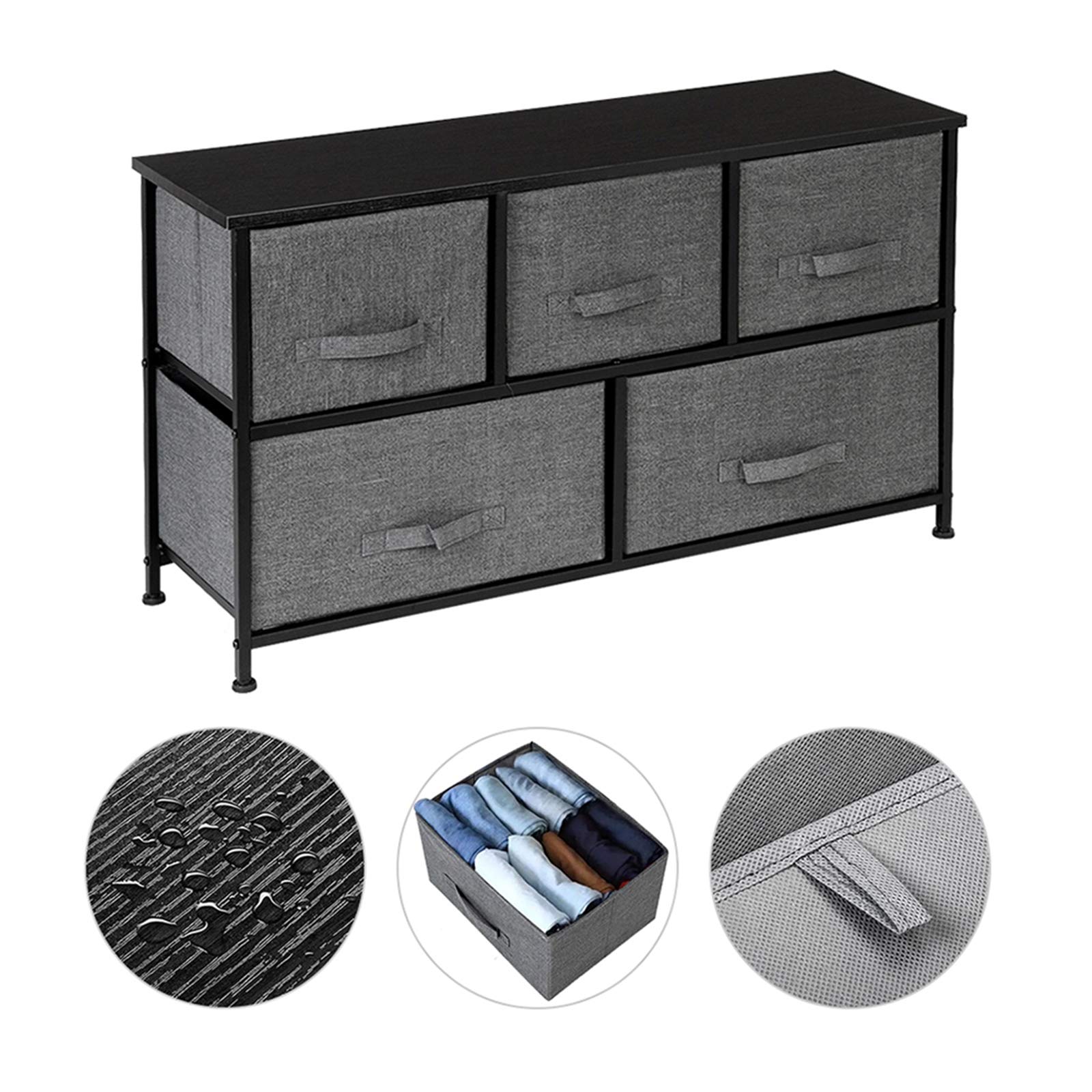 EEBUIHUI Dresser with 5 Drawers, Fabric Storage Tower, Organizer Unit for Bedroom, Living Room, Hallway, Closets & Nursery - Sturdy Steel Frame, Wooden Top (Dark Grey5)