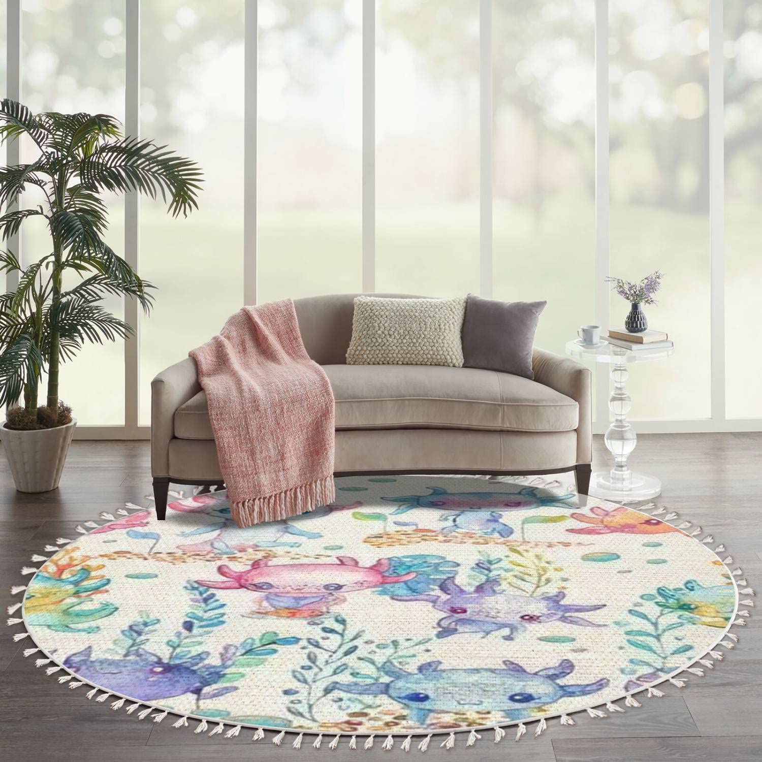 Round Rugs Watercolor Cute Axolotl Characters Boho Area Rug Linen and Cotton Carpet Meditation Rug Washable Hallway Runner Mat Accent Rug for Bedroom Nursery Kids Room 6ft