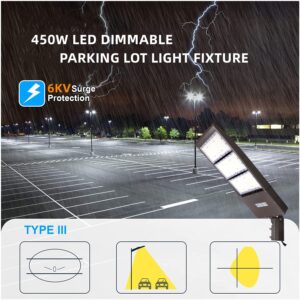 450W Dimmable LED Parking Lot Light with Slip Fitter, 5000K Daylight 63000LM 140lm/w, [Dusk to Dawn Photocell&Shorting Cap Included] Outdoor LED Shoebox Lights, UL/DLC Commercial Lighting Fixture