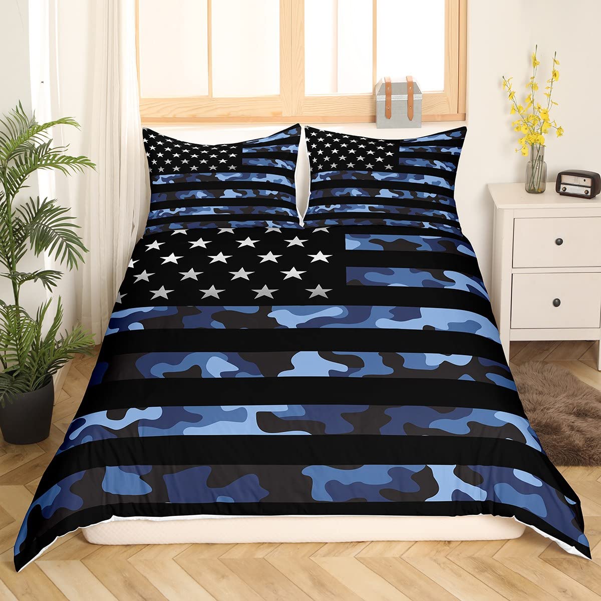 Blue Camo American Flag Full Size Duvet Cover Set,Camouflage Stars Stripes USA Flag Duvet Cover for Girls Teens Decorative Bedroom,Navy Blue Black Polyester Quilt Cover with 2 Pillowcases