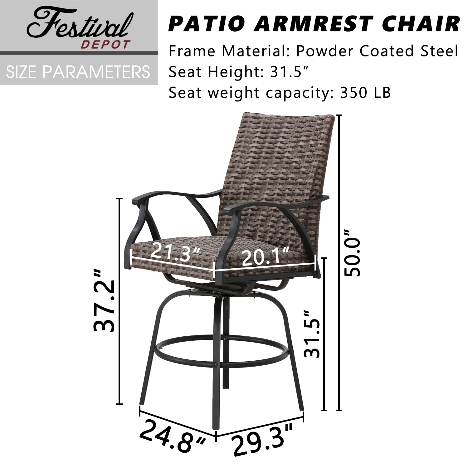 Festival Depot 2pcs Patio Bar Height Stools Rattan Wicker High Back 360° Swivel Chairs Patio Dining Chairs Metal Outdoor Furniture with Soft Seat Cushion for Bistro Lawn Garden Pool