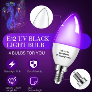 Qualirey 4 Pieces LED Black Light Bulb 6w E12 Base Blacklight Candle Bulb Glow in The Dark Party Level 395-400 Nm Halloween Black Lights for Home Stage DJ Disco, Body Paint, Neon Fluorescent Poster