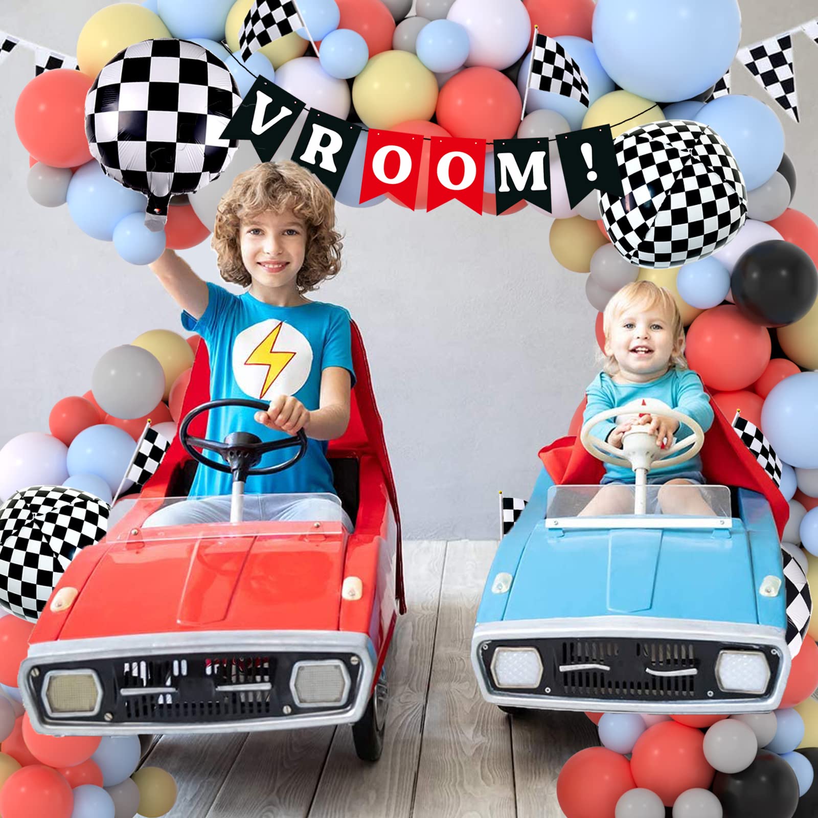 Race Balloon Garland Arch Kit Pastel Coral Gray Yellow Baby Blue Black White Balloons with Checkered Foil Balloons Tablecloth Flag Banner for Car Sports Birthday Baby Shower Decorations Party Supplies