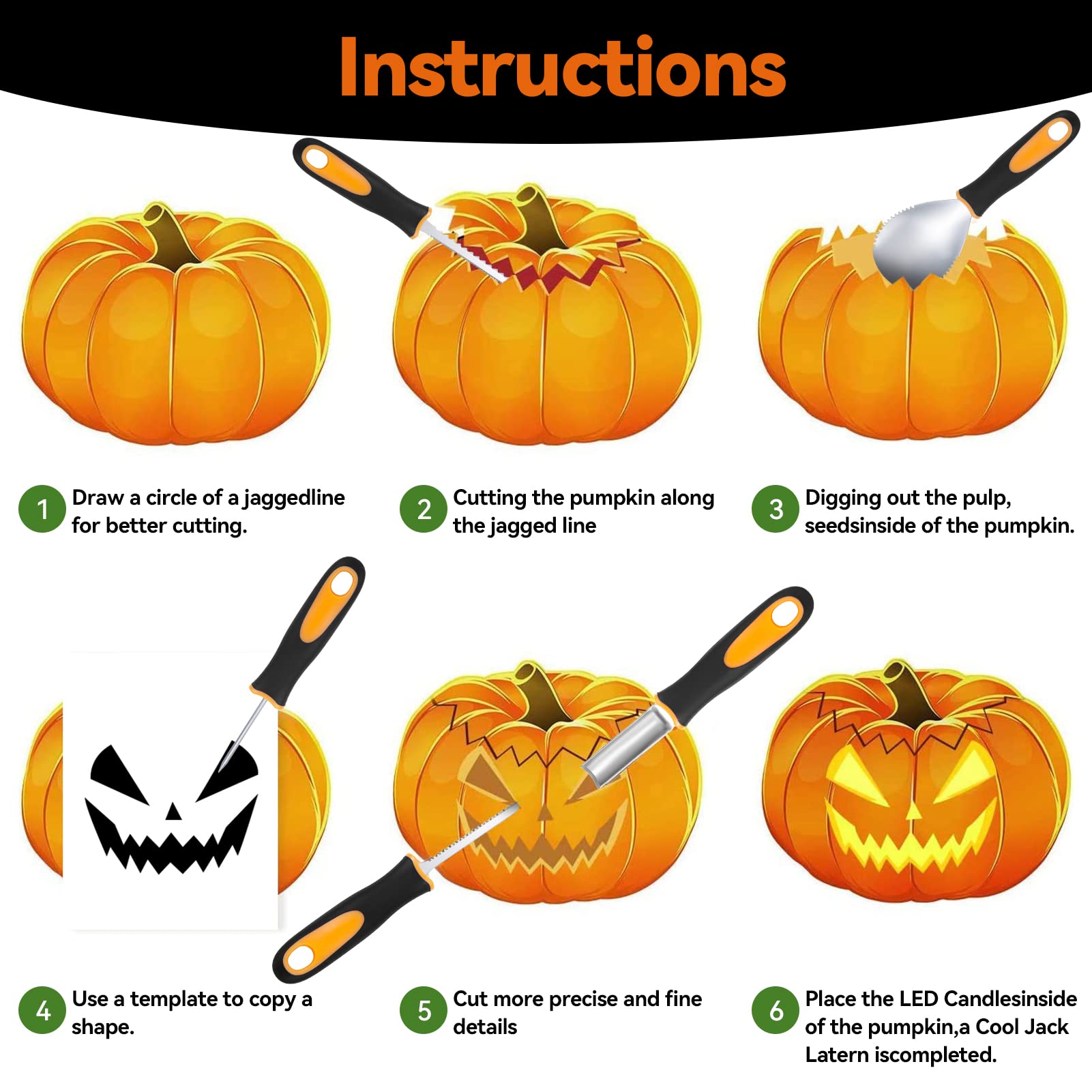 YUET Halloween Pumpkin Carving Kit, 5PCS Professional Sculpting Tools Carving Set, Heavy Duty Stainless Steel, with Stickers and Carrying Bag, for Adults Or Kids, Halloween Decorations Jack-O-Lanterns